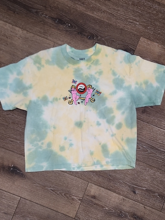Obey Tops - Obey Tie Dye 90s Grunge Streetwear Skate Graphic Tee Cropped Green Yellow Cherub